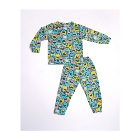 Conjunto infantil masculino azul com estampa colorida de monstrinhos, composto por blusa de manga longa e calça com cós elástico