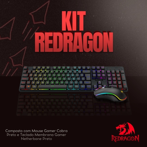 KIT REDRAGON TECLADO MEMBRANA NETHERBANE PRETO RAINBOW E MOUSE COBRA PRETO RGB 10000 DE DPI