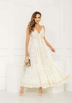 Vestido Longo Boho Chic – Elegância e Sofisticação com Aplicações Douradas! ✨ - comprar online