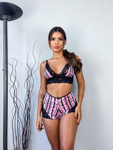 Baby-doll Trio 3 peças rosa com preto