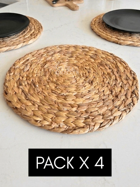 Individual Jacinto de Agua Natural – Pack x4 | Plato de Sitio Redondo Tejido a Mano | 38 cm