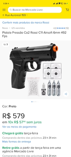Pistola Pressão Co2 Rossi C11 Airsoft 6mm 492 Fps
