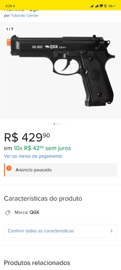Pistola Airsoft Spring Beretta B92 6mm Esfera Aluminio - Qgk