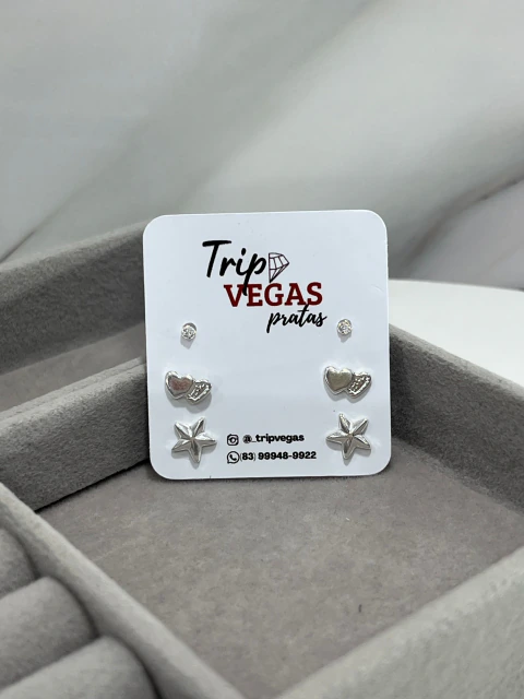 Trio de Brincos Cristal Corações Detalhado & Estrela 2-6-7mm
