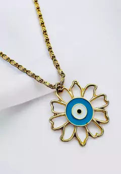 Colar Longo Flor Resinado Olho Grego - Lindika
