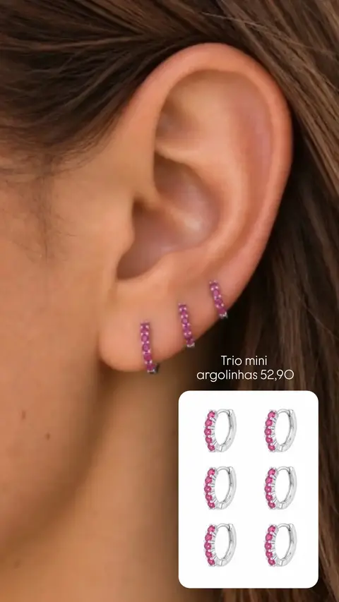 Trio argolinhas rosa / Pink prata Folheado