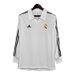 Camisa Retrô Real Madrid I 2002 manga longa - Masculina Adidas - Branca com listras pretas