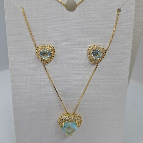 Conjunto Coração Azul Zircônia Ouro