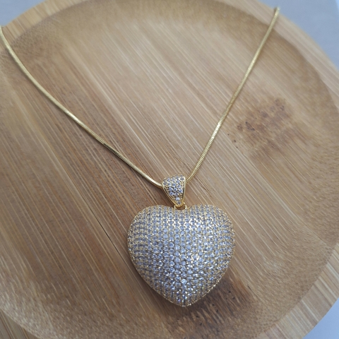 Colar Pingente Coração Grande Cravejado Ouro