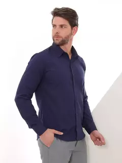 Camisa Social Manga Longa Slim Azul Marinho - comprar online
