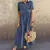 Vestido retrô feminino, manga curta, gola virada para baixo, botão, longo