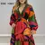 Feminino chique decote em v profundo geo print babados bainha manga longa lanter na internet