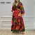 Feminino chique decote em v profundo geo print babados bainha manga longa lanter - loja online