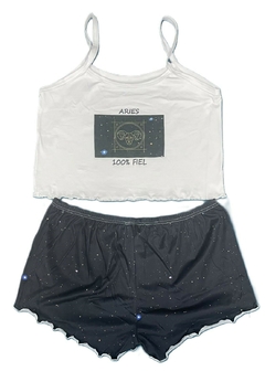 Imagem do Pijama Feminino Cropped Blogueira Signos regata e shorts