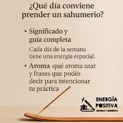 Guía práctica “¿Qué día conviene prender un sahumerio?”, con una estética cálida y minimalista. Muestra un sahumerio encendido en soporte de madera y textos que explican el significado de cada día y cómo intencionar tu práctica con frases y aromas. Ideal 