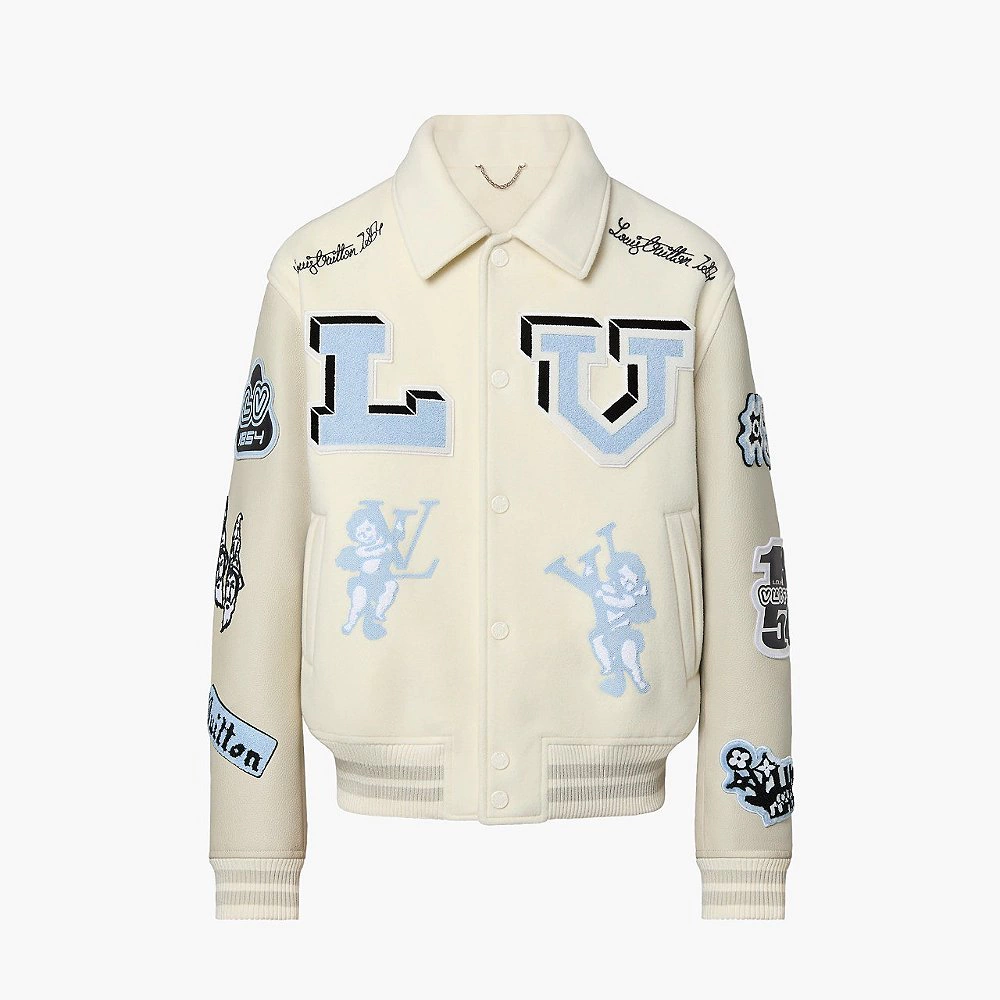 Jaqueta Louis Vuitton Varsity Em Couro Bordada "Multi-Patches Mixed/Milky White"