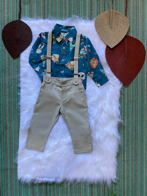 Conjunto Bebê Din Don Camisa manga longa + Calça com suspensório