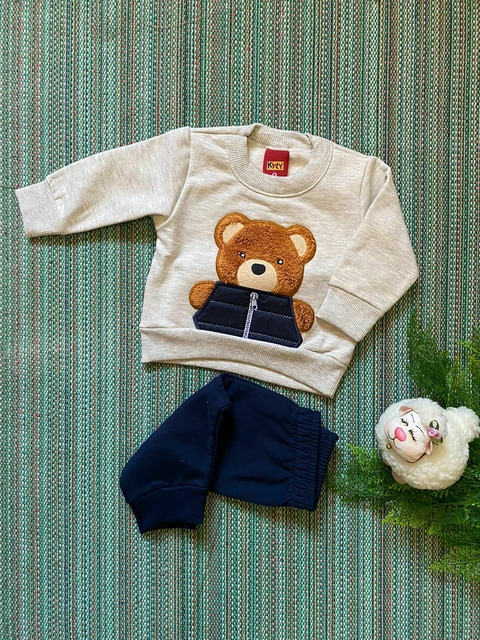 Conjunto menino Kyly em moletom peluciado cinza/marinho