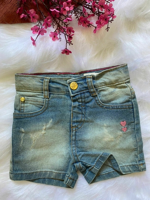 Shorts Jeans Bebê Lavagem Used Bordado coração