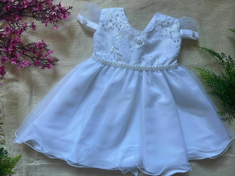 Vestido Bebê Nelu Bordada Pérola E Saia Tule