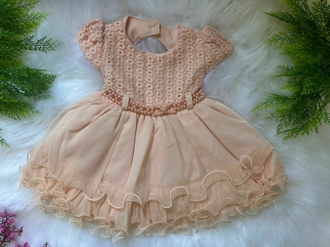 Vestido de Festa Tule Rosê com detalhes em bordado e cinto em pérola