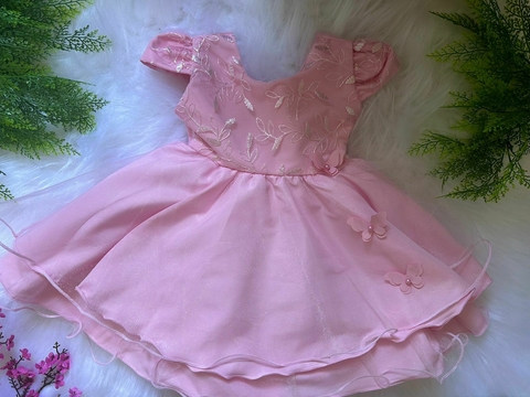 Vestido De Festa Bebê Luxo Rosa Aplique Borboletas