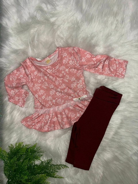 Conjunto Blusa Floral Com Tule + Calça Legging Menina