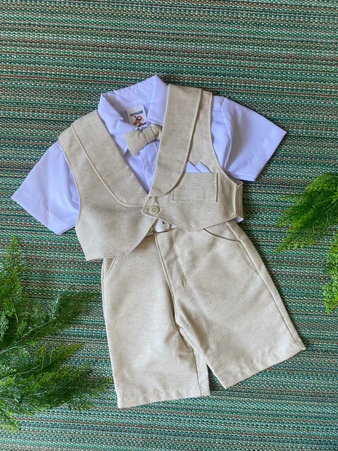 Conjunto Batizado Pajem Menino Colete Linho Bege