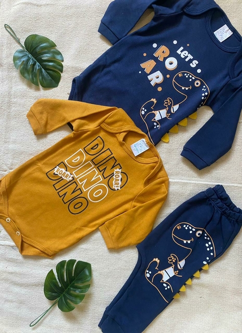 Kit 3 peças - 2 bodies manga longa e calça Dino