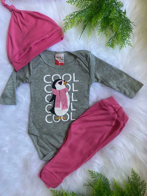 Kit Body manga longa, calça e touca Rosa