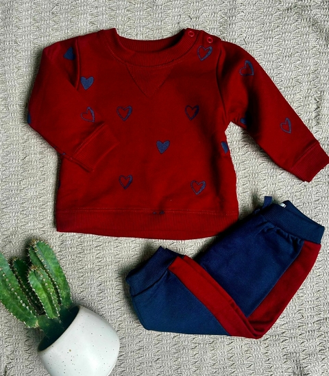 Conjunto Menina Moletom Peluciado Blusa Coração e calça azul marinho com faixa