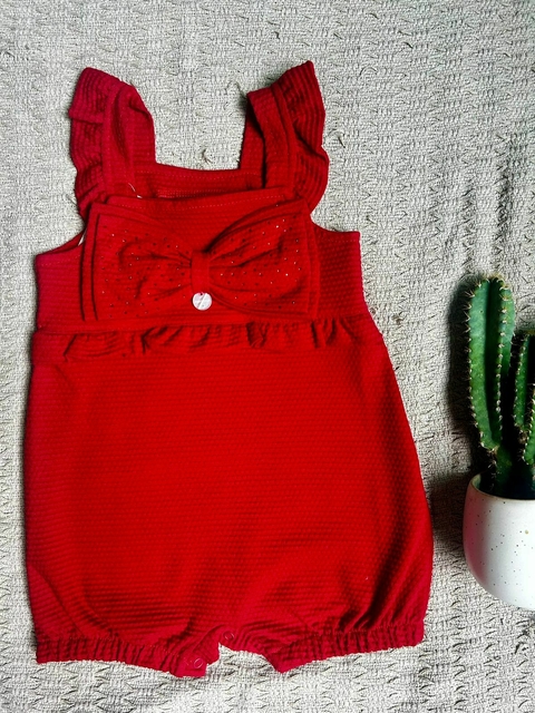 Jardineira Banho de Sol Luxo vermelho com laço