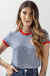 camiseta feminina ringer listrada azul e vermelha
