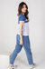 camiseta feminina ringer recortes branco e azul