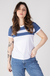 camiseta feminina ringer recortes branco e azul