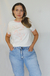 camiseta feminina ringer, cor off white com rosa e estampa flor