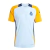 Camisa de treino masculina do Real Madrid para a temporada 2024/2025, predominantemente azul com detalhes em amarelo e logotipo da Adidas.