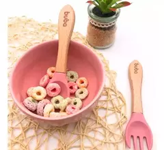 KIT TALHERES EM SILICONE E BAMBU - ROSA - loja online