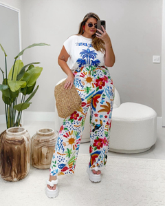 Calça Tipo Farm Pantalona Estampada