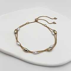 Pulseira Grãos Arroz E Pérola Dupla Dourado - comprar online
