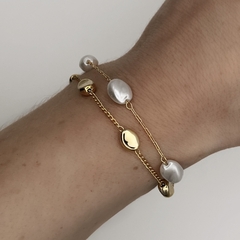 Pulseira Grãos Oval E Pérola Barroca Duplo Dourado - comprar online