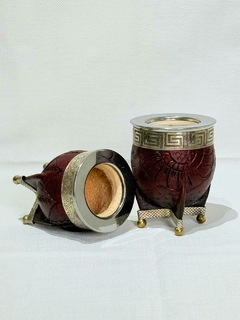Mate Imperial base de alpaca c/bolitas y cuero labrado - comprar online