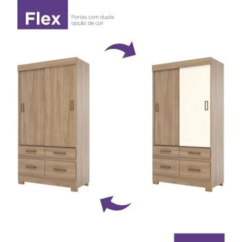 Guarda Roupa 2 Portas Deslizantes 4 Gavetas BE25 Briz Jequi Br/Jequibr/off white