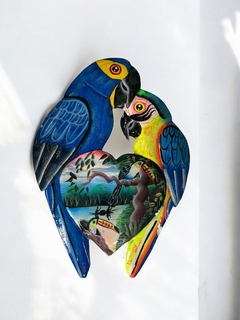 Casal de Arara azul e Canindé de madeira Molongó