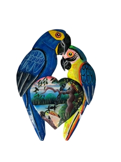 Casal de Arara azul e Canindé de madeira Molongó - Amazônia & Sintonia