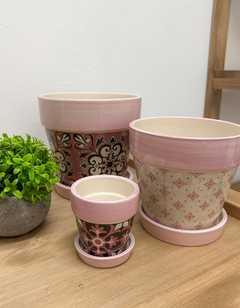 Macetas redondas de azulejos rosa con plato - comprar online