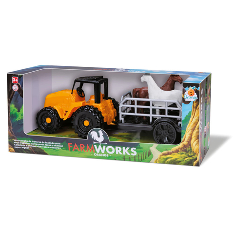 Trator boiadeiro com boi e cavalo brinquedo farm works orange toys