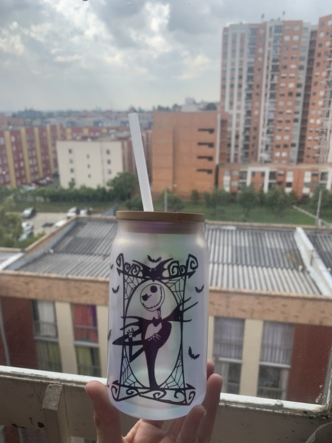 Vaso tipo lata perlado con tapa & pitillo