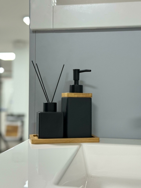 Set de baño de ceramica y Bambú NEGRO