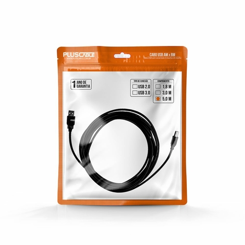 Cabo Impressora, USB 2.0 AM x BM, 480 Mbps, PVC, 5 M, Preto - PC-USB5001 - PlusCable